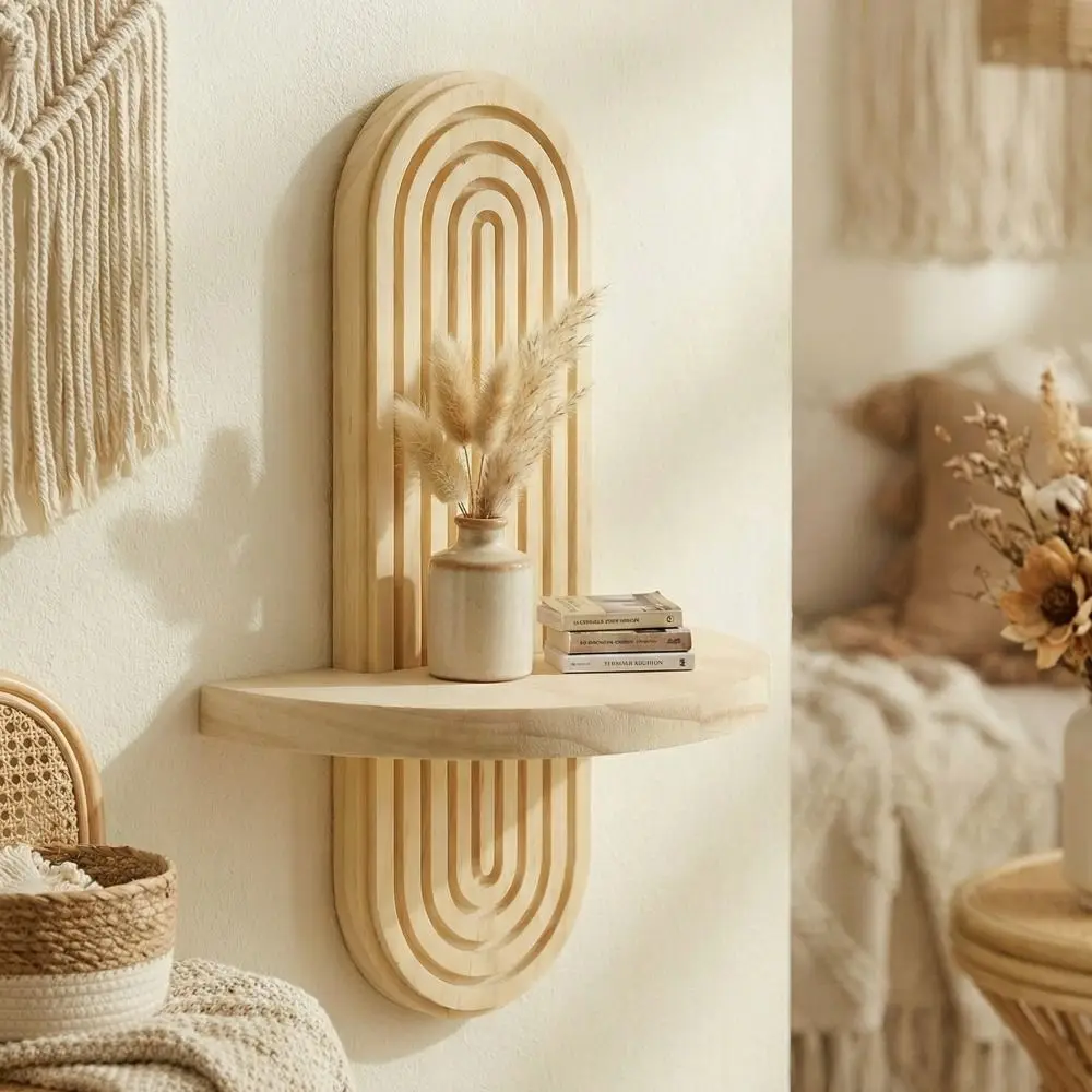 Oval Threaded Wooden Wall Shelves Natural Geometric Boho Style Rack Vintage Decorative Wall Mounted Shelf Laundry Room