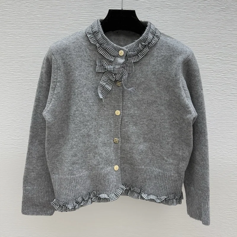 

High-quality checked sweater with ruffled lace embroidery logo for woman,short cardigan fashionable 251004116