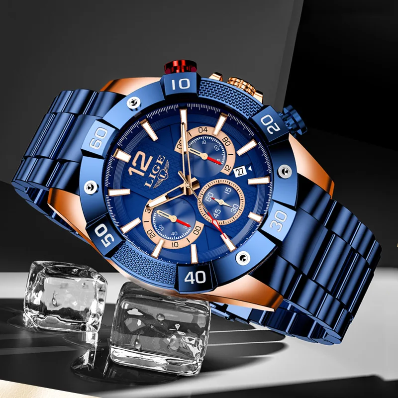 LIGE Mens Watches Chronograph Sport Stainless Steel Wristwatch Large Dial Quartz Clock with Luminous Pointers Watch for Men+Box