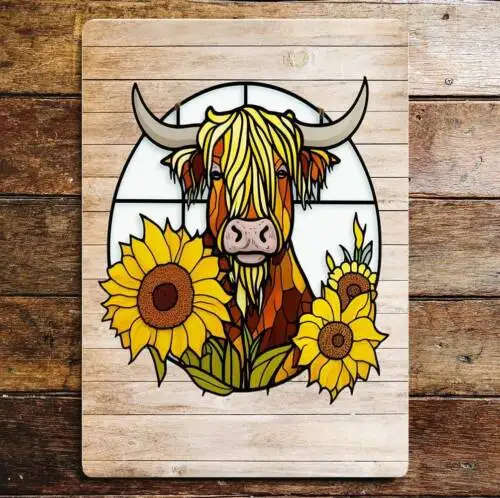 Highland cow flowers, yellow  metal wall sign