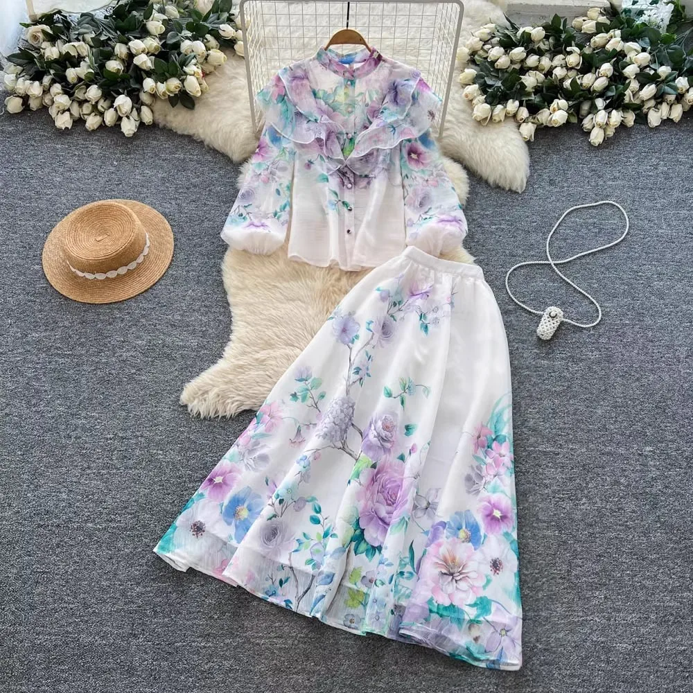 

Runway 2 Piece Set Summer Holiday Gorgeous Flower Women Long Lantern Sleeve Shirt Blouse and Elastic Waist A Line Skirt Suit