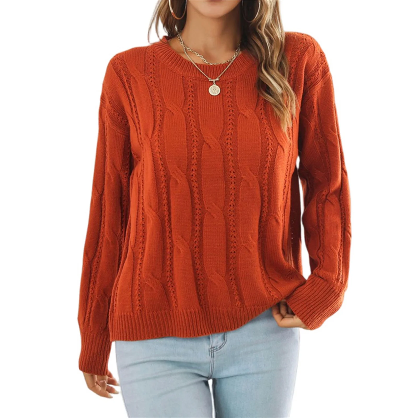 Women Cable Knit Sweater Loose Fit Solid Color Pullover Long Sleeve Casual Boho Style Soft Comfortable Autumn Winter Essential