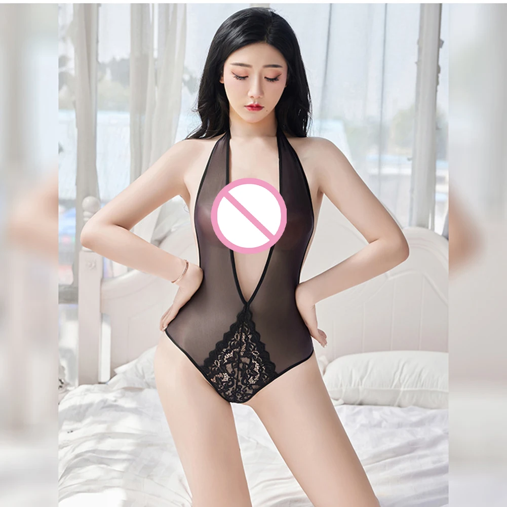 Ultrathin Deep V Sexy Lingerie Bikini Woman Mesh Sheer Swimsuit Lace Tight Perspective Jumpsuits Hollow Transparent Bodysuit