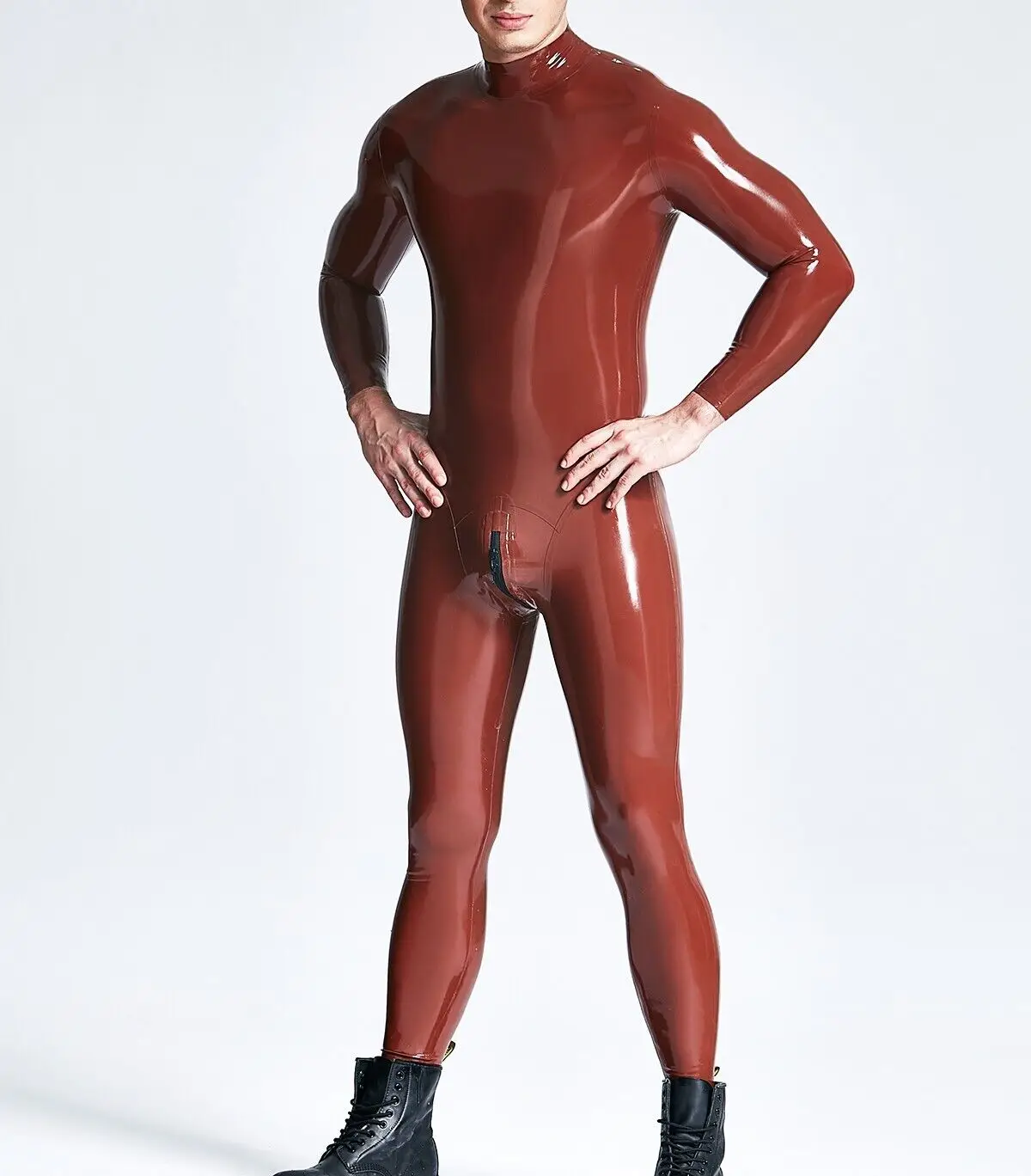 Fashion Gummi Black Men's Latex Rubber Catsuit  Latex gummi catsuit neck entry catsuit with socks latex bodysuit 0.4mm