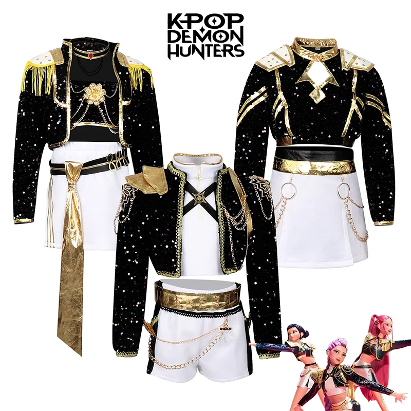 

Kids KPop Demon Hunters Huntrix Rumi Zoey Mira Cosplay Costume Wig Black Golden Performance Costume Halloween Party For Girls
