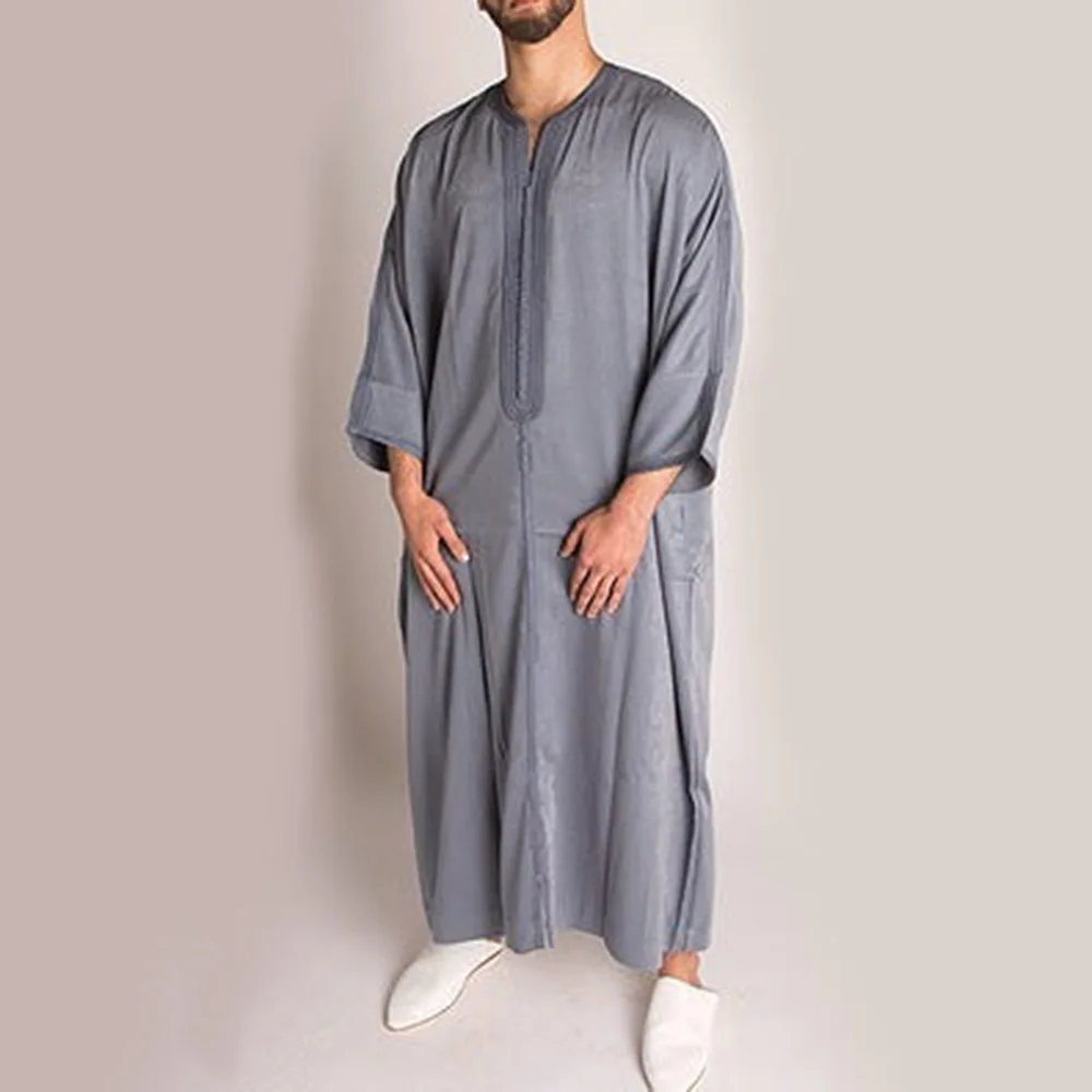 2025 Men Muslim Jubba Thobe Patchwork Striped V Neck Long Sleeve Caftan Dubai Robe Vintage Islamic Arabic Men Kaftan Men's Gift