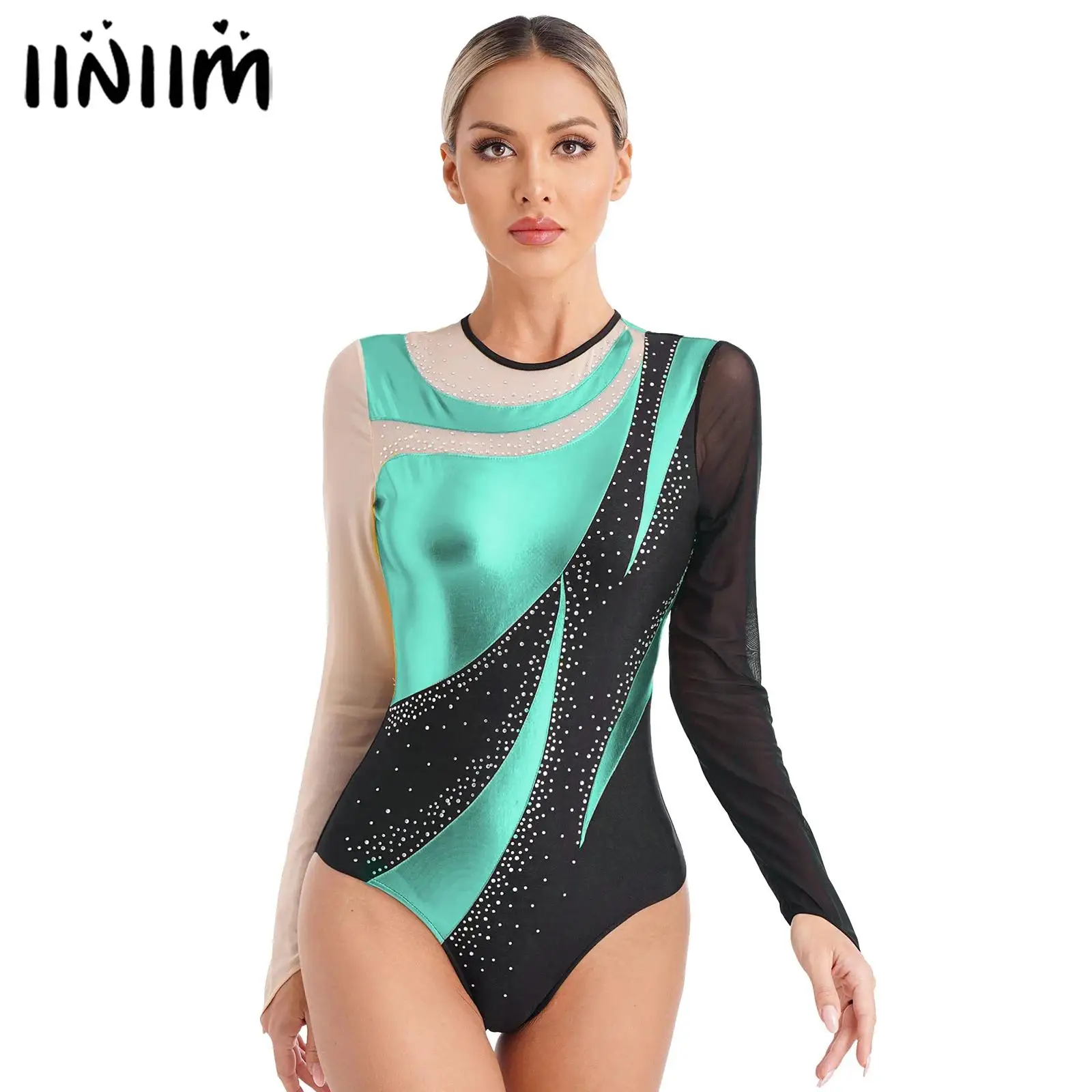 AqShiny Ballet Unitards pour femmes, costume de batterie, maille transparente métallique, manches longues, danse, performance, patinage