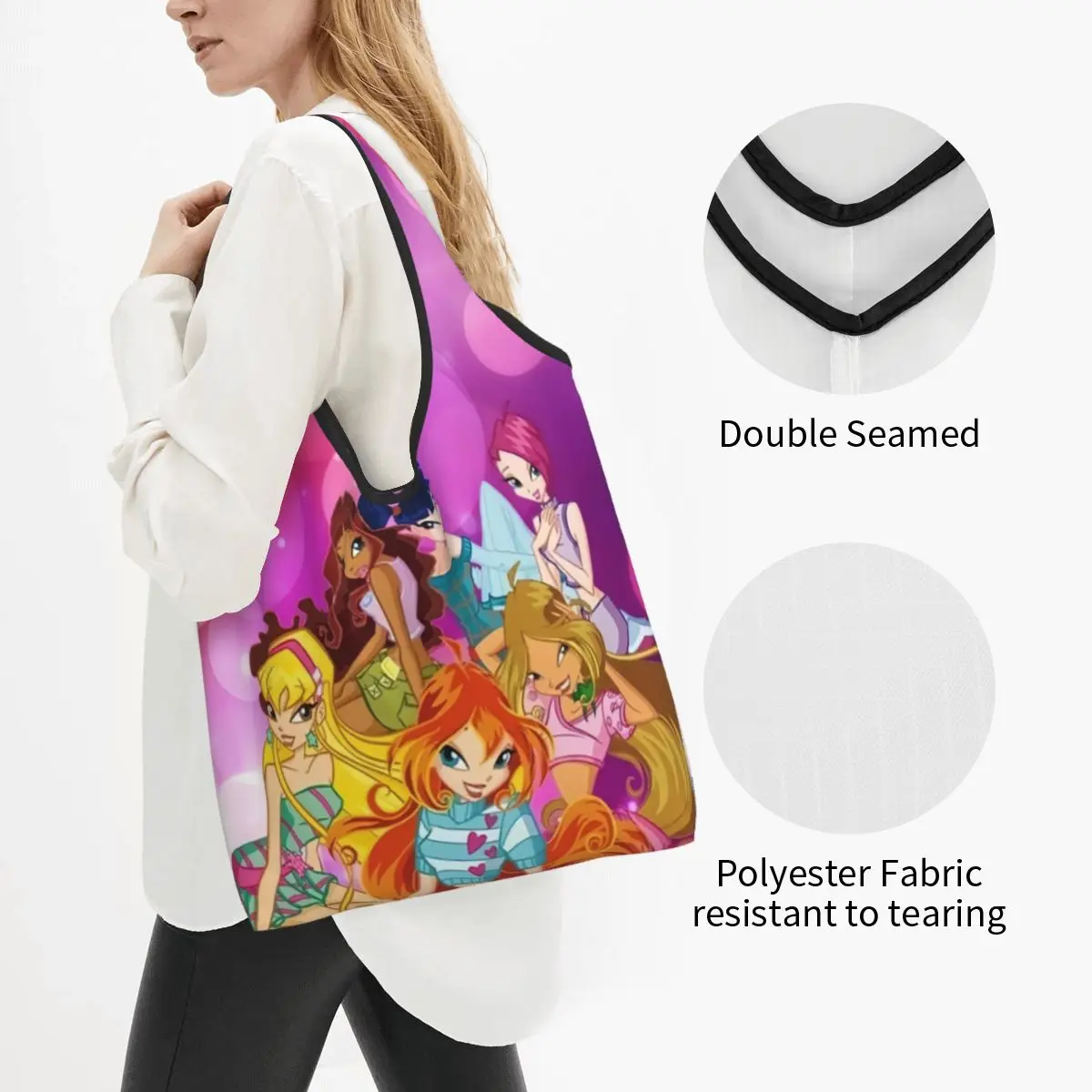 Custom  Anime Winx Club Groceries Shopping Bag Funny Shopper Shoulder Tote Bags Big Capacity Portable Handbag