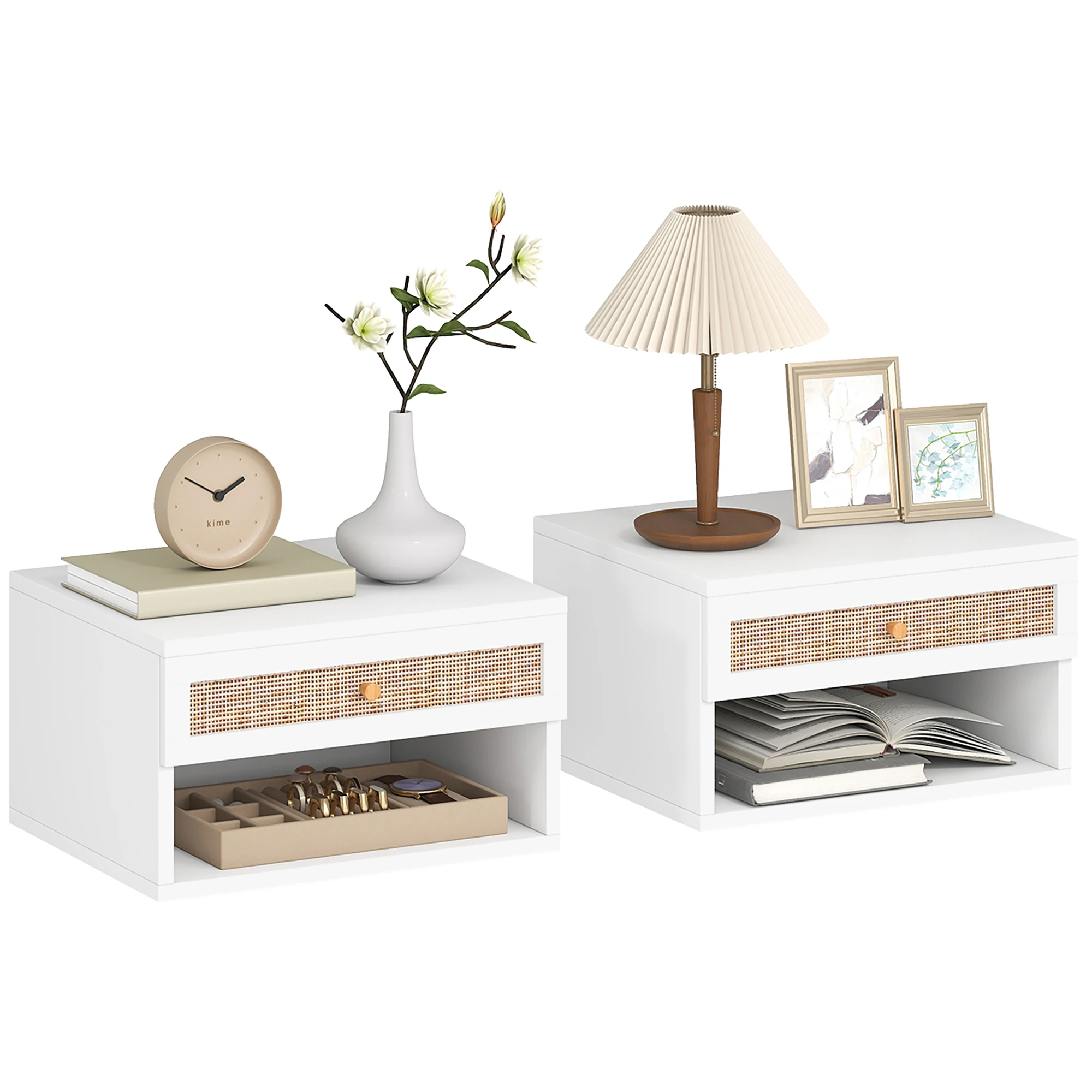 Homcom Blanco Juego De Mesitas De Noche Flotantes Con Cajón De Ratán Y Estante Abierto Para Dormitorio 40X34x23cm