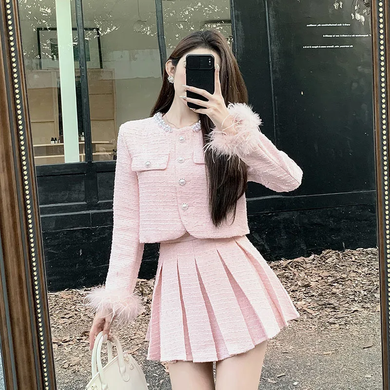 

Winter New Arrival Pearls Buttons Feathers Sleeve Cuff Tweed Jacket Short Pleated Skirt Two Piece Set Outfits 2025