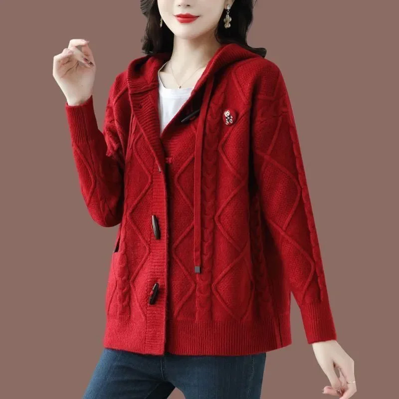 Nuova moda coreana con cappuccio autunno inverno donna Cardigan lavorato a maglia cappotto manica lunga bottone in corno solido maglioni lavorati a maglia donna top