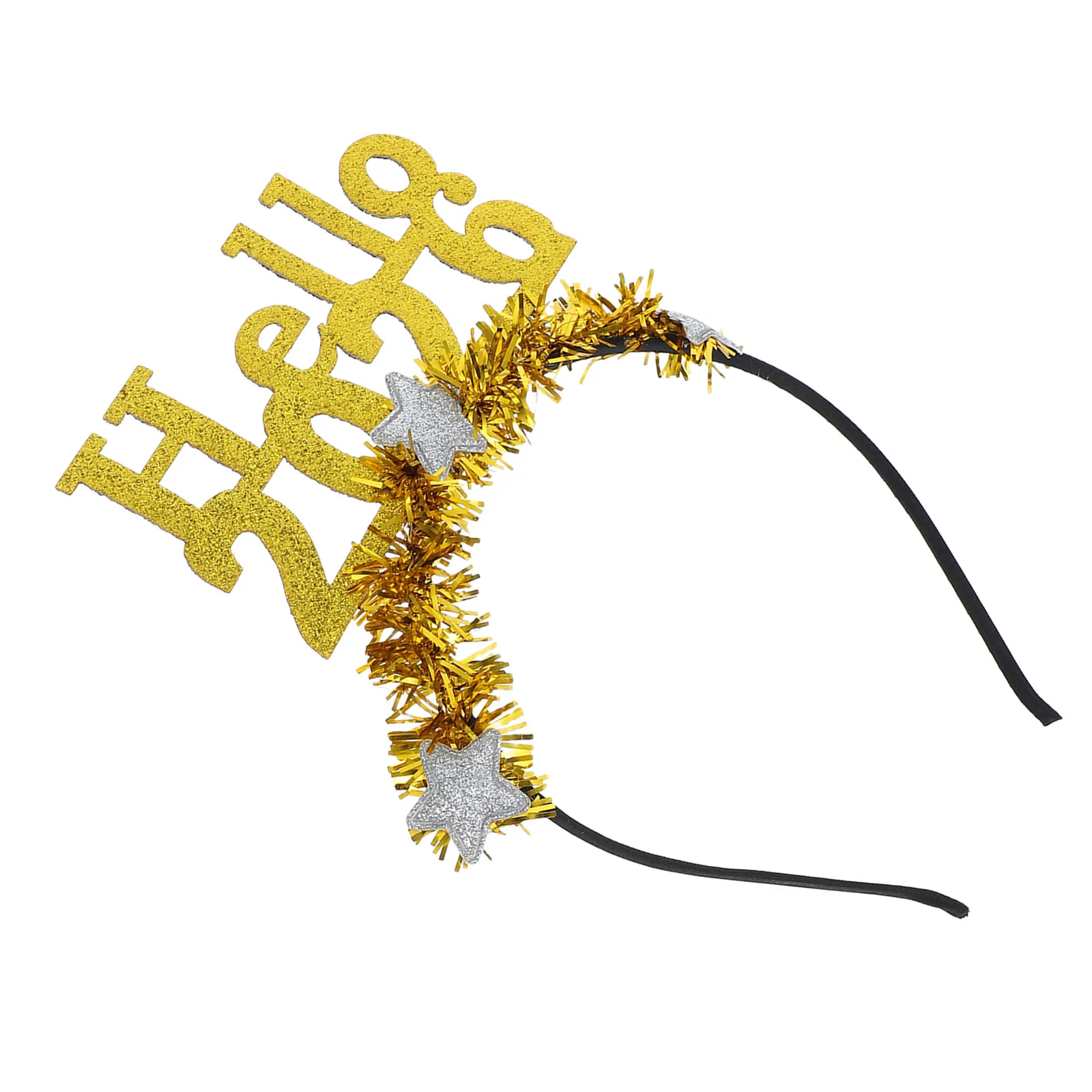 

Hello 2026 New Year Party Headband Glitter Metallic Tinsel Hair Hoop Photo Booth Prop Nye Party Accessories Festive Hairpiece