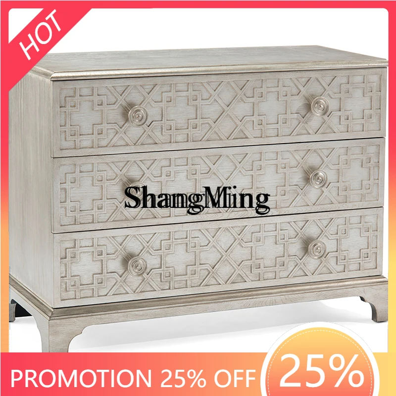 

FG modern light luxury silver old three-bucket cabinet villa entrance foyer entrance oak solid wood side cabinet