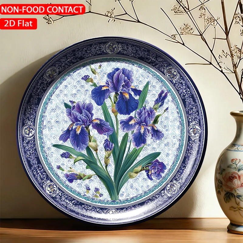 1pc FORJN Ceramic Decorative Plate - Blue Iris Round Wall Plate Suitable for Non-Food Contact, Elegant Iris Flower, Living