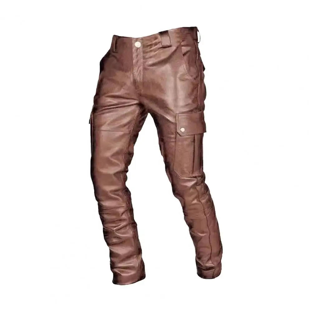 Men's Faux Leather Pants Pockets Slim Smooth Surface Zipper Buttons Solid Color Street Style Party Nightclub Performance Pants