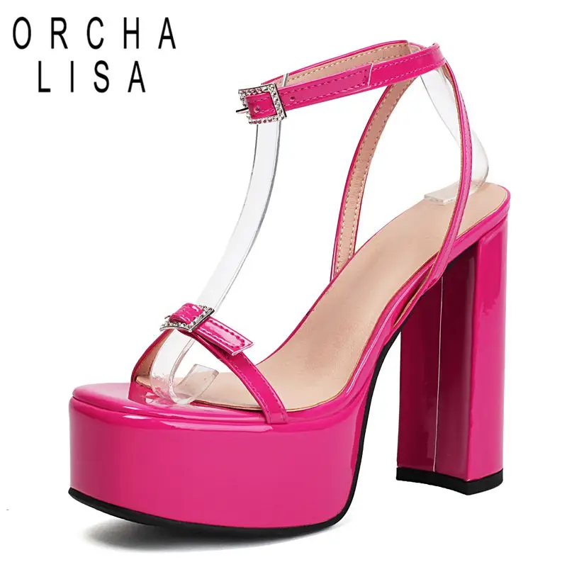 

ORCHA LISA Сексуальные женские босоножки с открытым носком на массивном каблуке 13,7 см на платформе 4,3 см с пряжкой и ремешком Кристалл Большой размер 41 42 43 Туфли для вечеринок