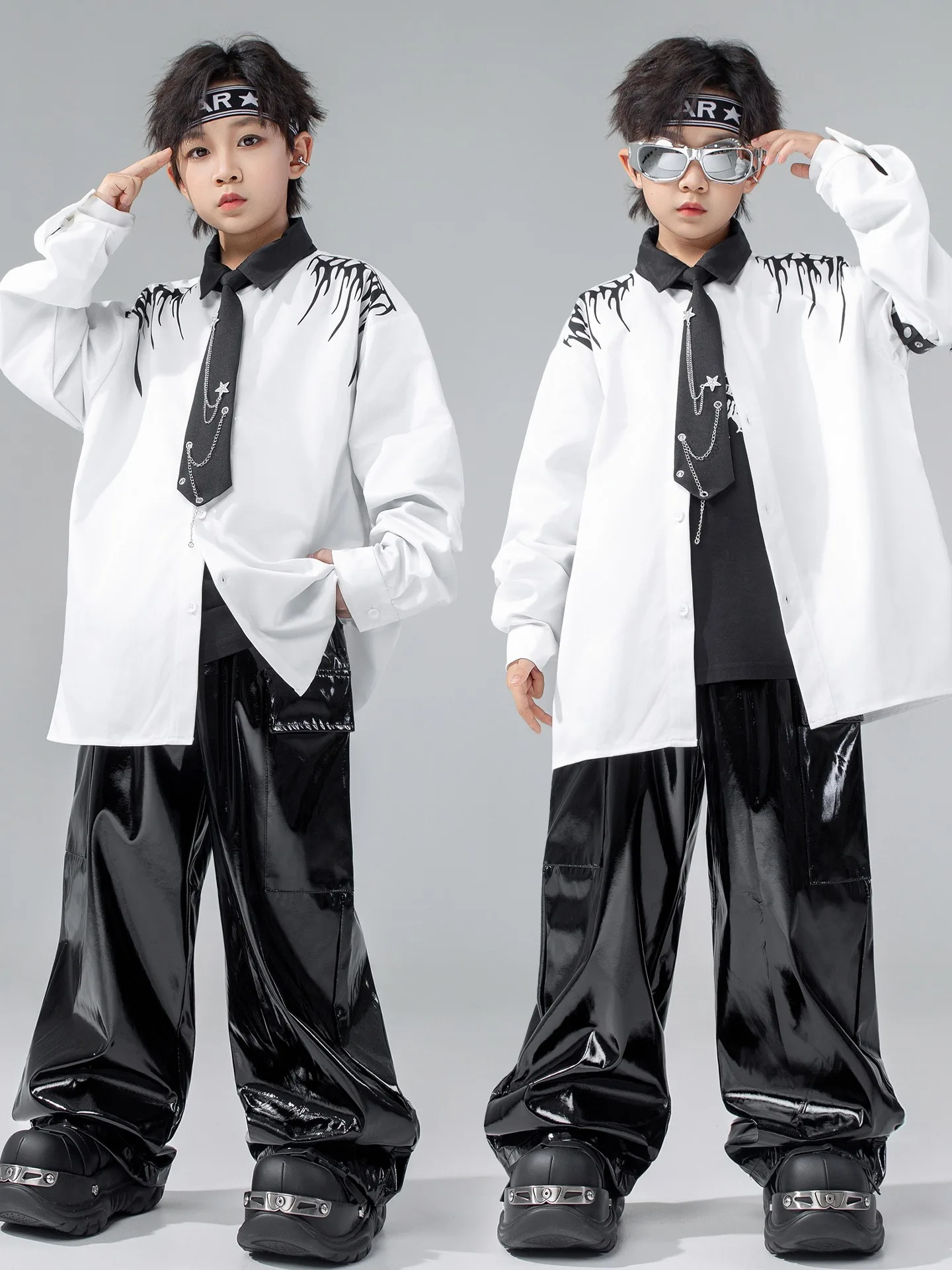 الأولاد الهيب هوب الملابس الشارع الرقص موضة قميص أبيض أسود بنطال جلدي طويل الأكمام الفتيات الاطفال أداء الجاز البدلة BL17769