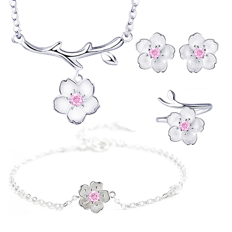 925 Sterling Silver Jewelry Sets Romantic Cherry Blossoms Flower Necklace+Earrings+Ring+Bracelet For Women