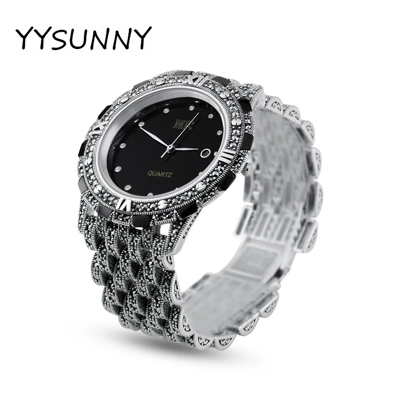 

YYSUNNY Vintage Thai Silver Bracelet Watch Fashion Round Watch S925 Sterling Silver Bracelet Couple Elegant Jewelry