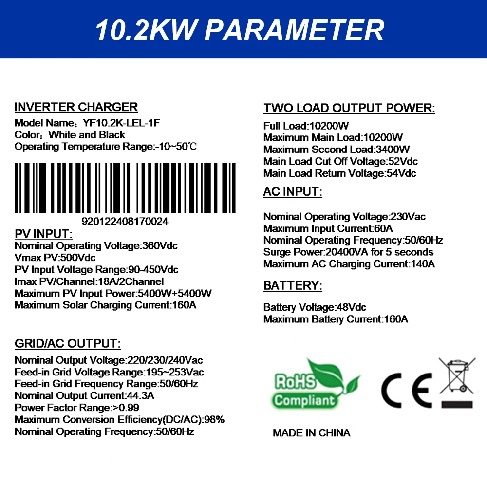 YINGFA 10.2kW MPPT Photovoltaic Hybrid Solar Inverter Grid / PV Input 220V - 240V AC Output Connect To 48V Battery