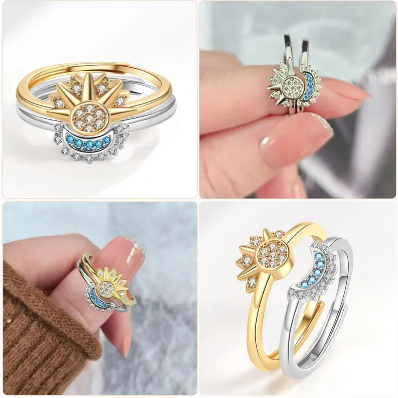 LIVVY Vintage Simple Silver Color Couples Ring Korean Trendy Elegant Moon Stars Geometric Handmade Party Jewelry Gifts