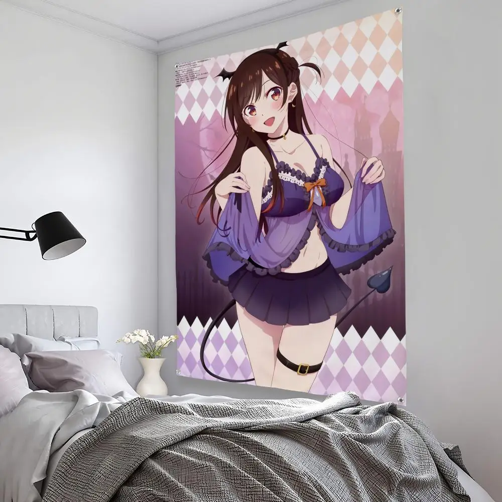 Rent-A-Girlfriend Chizuru Mizuhara Demon Outfit Wall Tapestry, Purple Lingerie Anime Art with Background, for Bedroom Decor