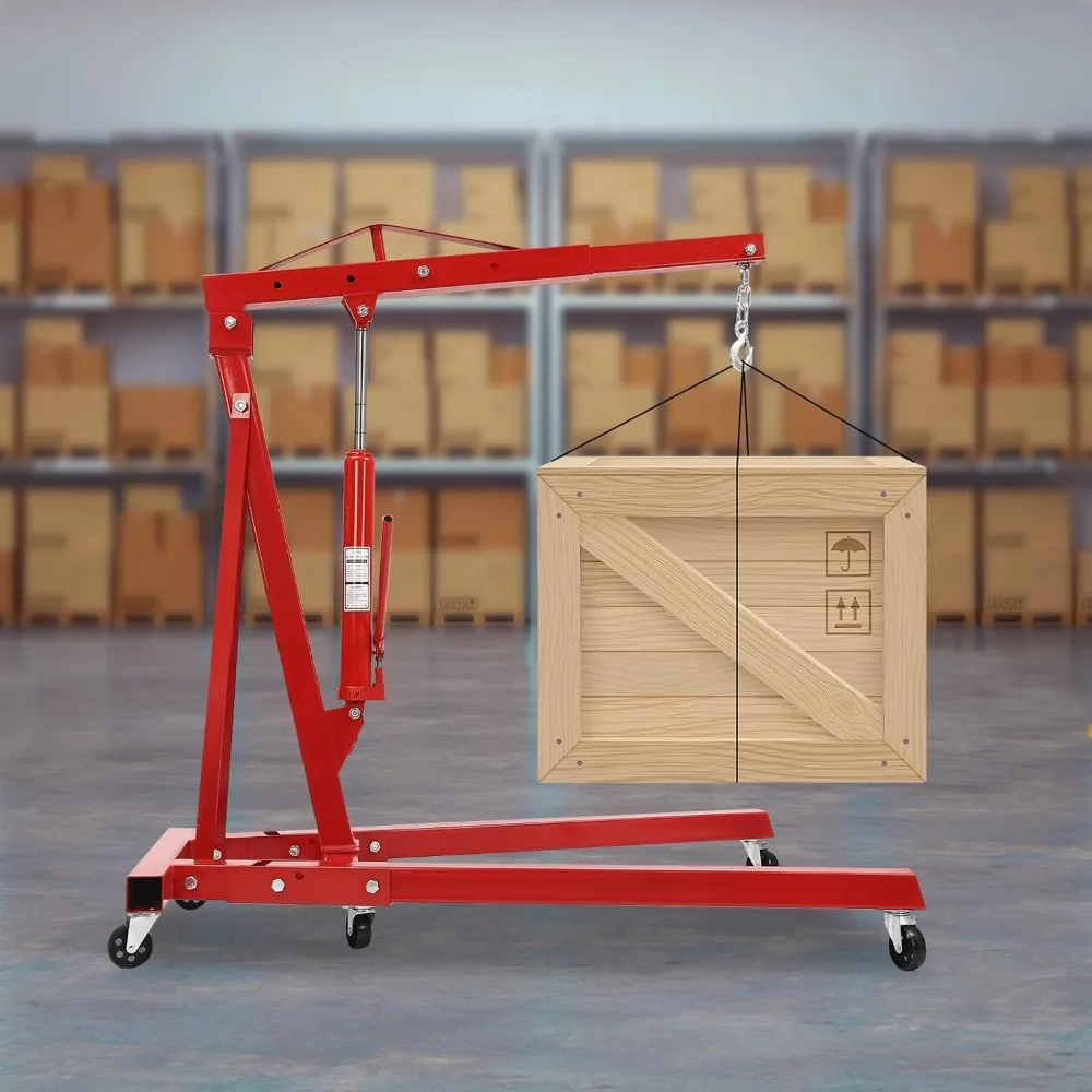 2-Tonnen roter zusammenklappbarer Motortakel, robuster hydraulischer Ladenkran mit 6 Rollenrädern, einstellbare 0,5-2T-Kapazität für Autoreparaturen