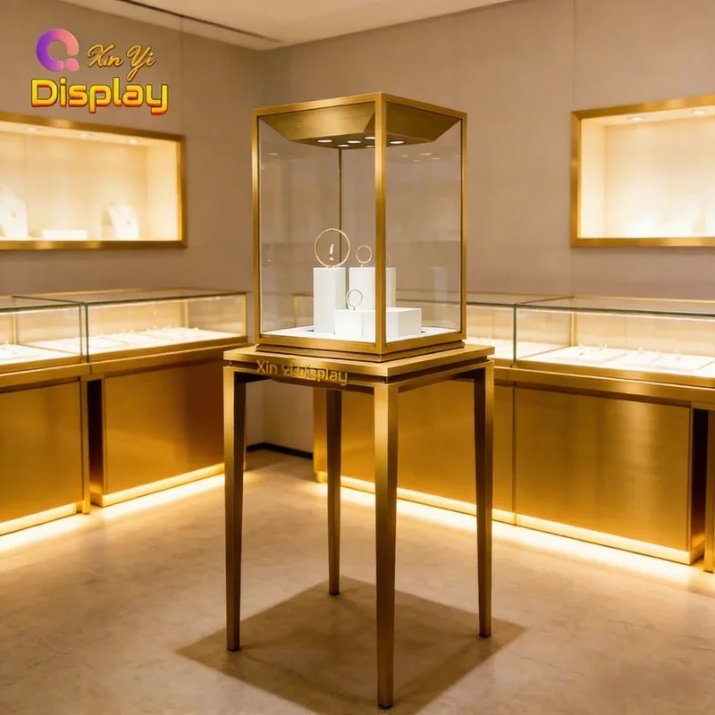 custom.Custom Modern LED Lighting Eco-Friendly Jewelry Display Showcase Adjustable Shelves Stainless Steel Frame Stand Custom