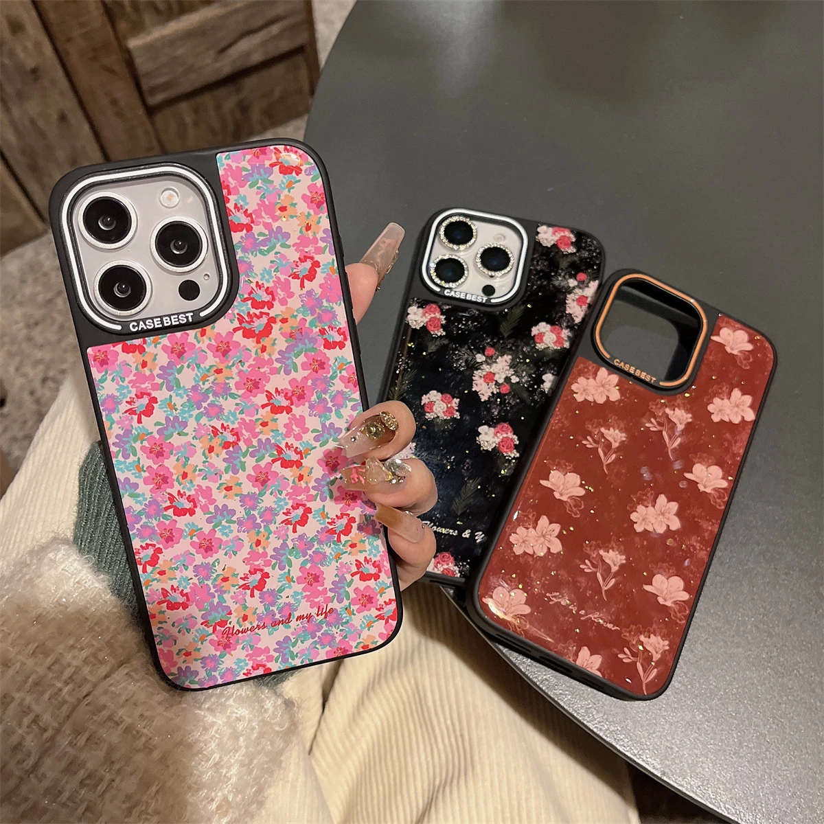 Bonito flor pontos leopardo impressão amor coração folha de ouro caso telefone para iphone 16 15 14 13 pro max glitter silicone ab cola capa traseira