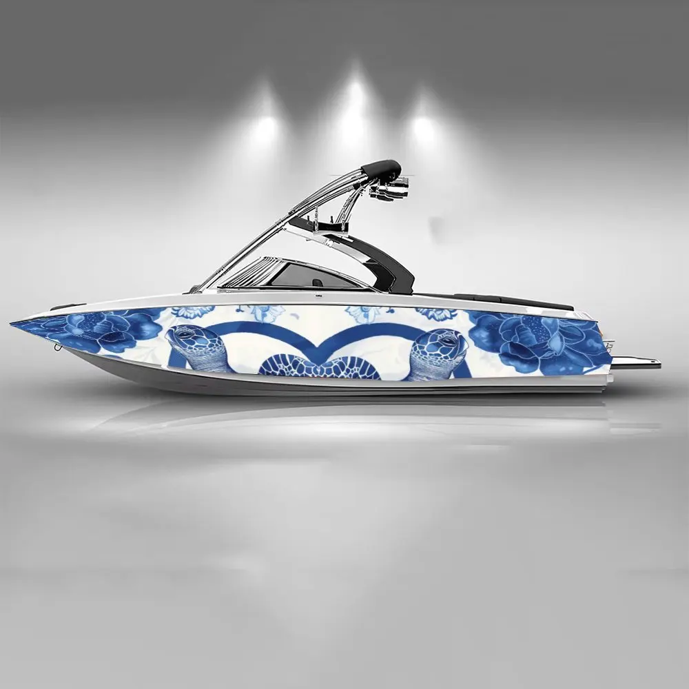 Blue Turtle Flower Symmetrical Pattern Art Boat Sticker Vinyl Ship Pontoon Deck Boat Fishing Decorative Pontoon Boats Decal