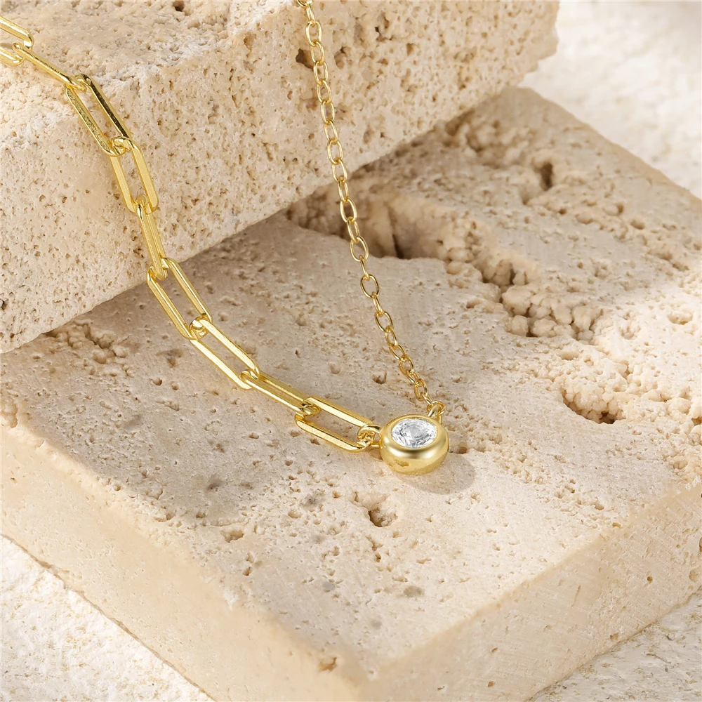 925 Sterling Silver Splice Chain Necklace Simple Round Zircon Pendant Necklace For Women Daily Jewerly 2023 New Trend