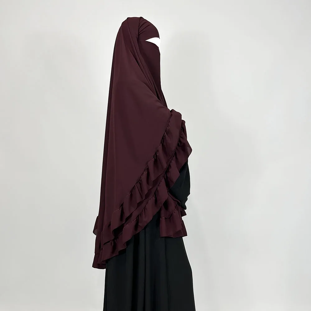 New Two Layer Ruffle Chiffon Khimar with Niqab Strings High Quality Lightweight Breathable Wholesale Muslim Prayer Veil Hijab