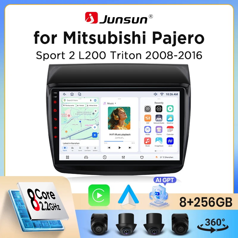 Image of Junsun Wireless CarPlay Android Auto Autoradio für Mitsubishi L200 / Pajero Sport (KG/KH) 2008-2016 mit eingebautem Lüfter, Android GPS-Navigation, Multimedia-Player, WiFi, DSP, RDS, BT, SWC,