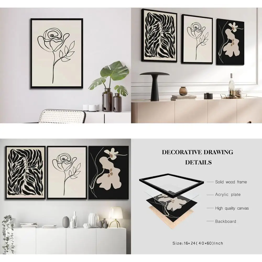 

Modern Abstract Floral Art Prints, Black & White Botanical Wall Decor, 16x24 Inches, Ready to Hang for Home & Office