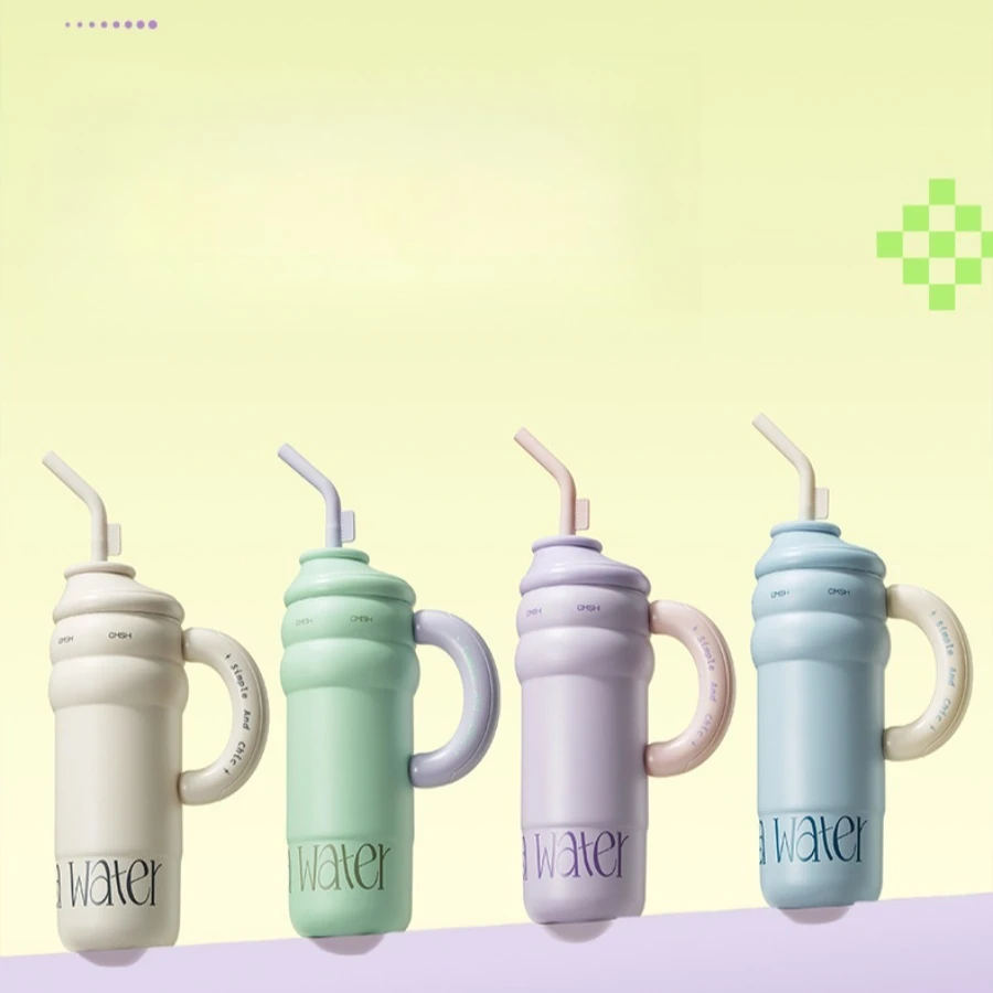 

Strawberry print life large capacity female high value office straw thermos portable handle water cup silicone spout