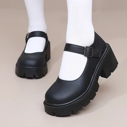 Lolita Shoes Women PU Leather Platform Mary Janes Shoes Women's Japanese Style Vintage Chunky Heels Pumps Plus Size 42