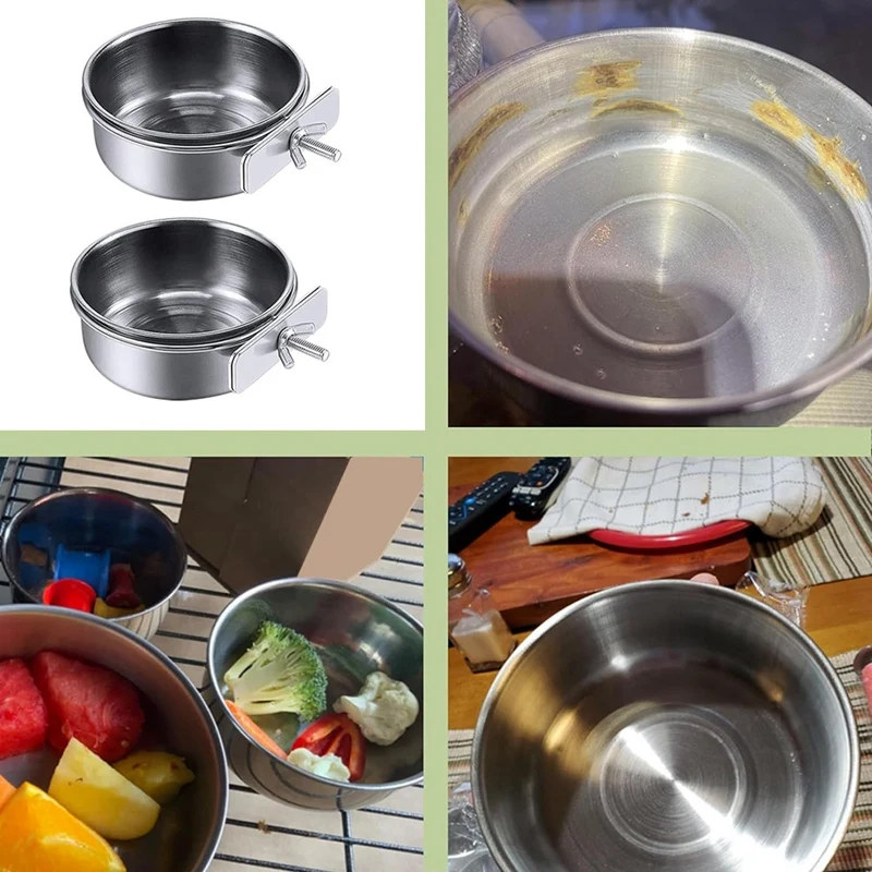 6 Pieces Stainless Steel Bird Feeding Dish Cups Parakeet Food Water Bowls With Clamp Holder & Bird Spoon