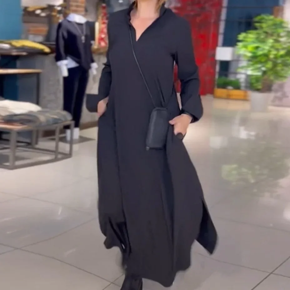 2024 Autumn Winter Solid Fashion Dress Female Elegant Long Sleeve Office Maxi Dresses Casual Women Loose Hem Pullover Robe image 2