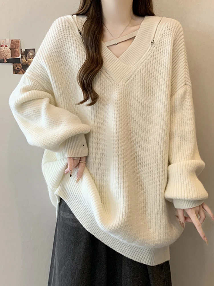 

Свободный вязаный джемпер с V-образным вырезом для женщин, повседневный базовый топ, модный свитер больших размеров на весну 2026, универсальная футболка свободного кроя для ранней весны