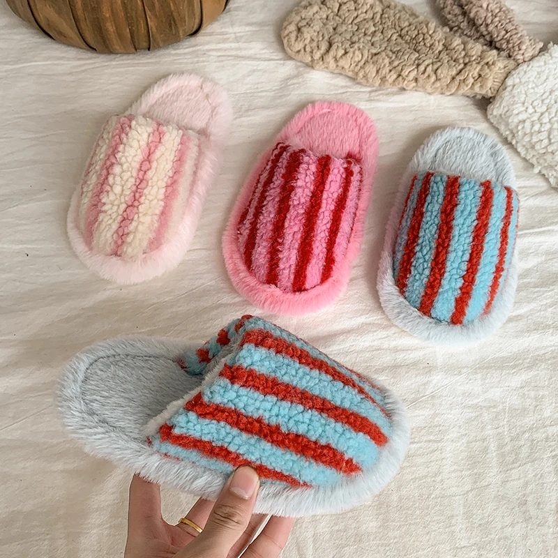 

Children Slippers Designers Home Slippers Children Furry Cotton Slippers Kids Striped Color Comfortable Toddler Girl Shoes