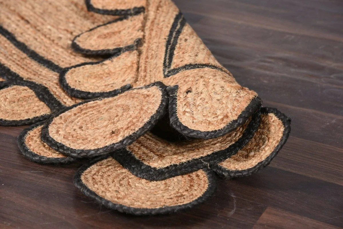 Rugs Natural Jute Fiber Carpet Scalloped Black Edge Home Living Floor Mat Home Textile Rug Bedroom Decor