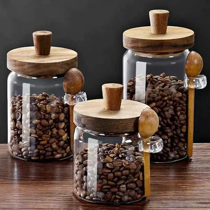 المطبخ الزجاج جرة الحبوب حبوب البن Tealeaf تخزين الحاويات مع غطاء ملعقة خشبية واضح برطمان توابل خزان مقاوم للرطوبة