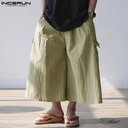 2024 Men Wide Leg Pants Elastic Waist Loose Pockets Casual Trousers Men Solid Streetwear Joggers Fashion Cargo Pants INCERUN