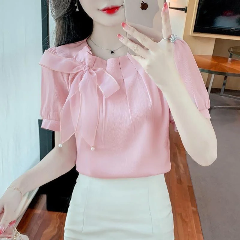 3XL Women Spring Summer Blouses Shirts Lady Fashion Casual Short Sleeve Bow Collar Clothing Solid Color Blusas Tops TT0797