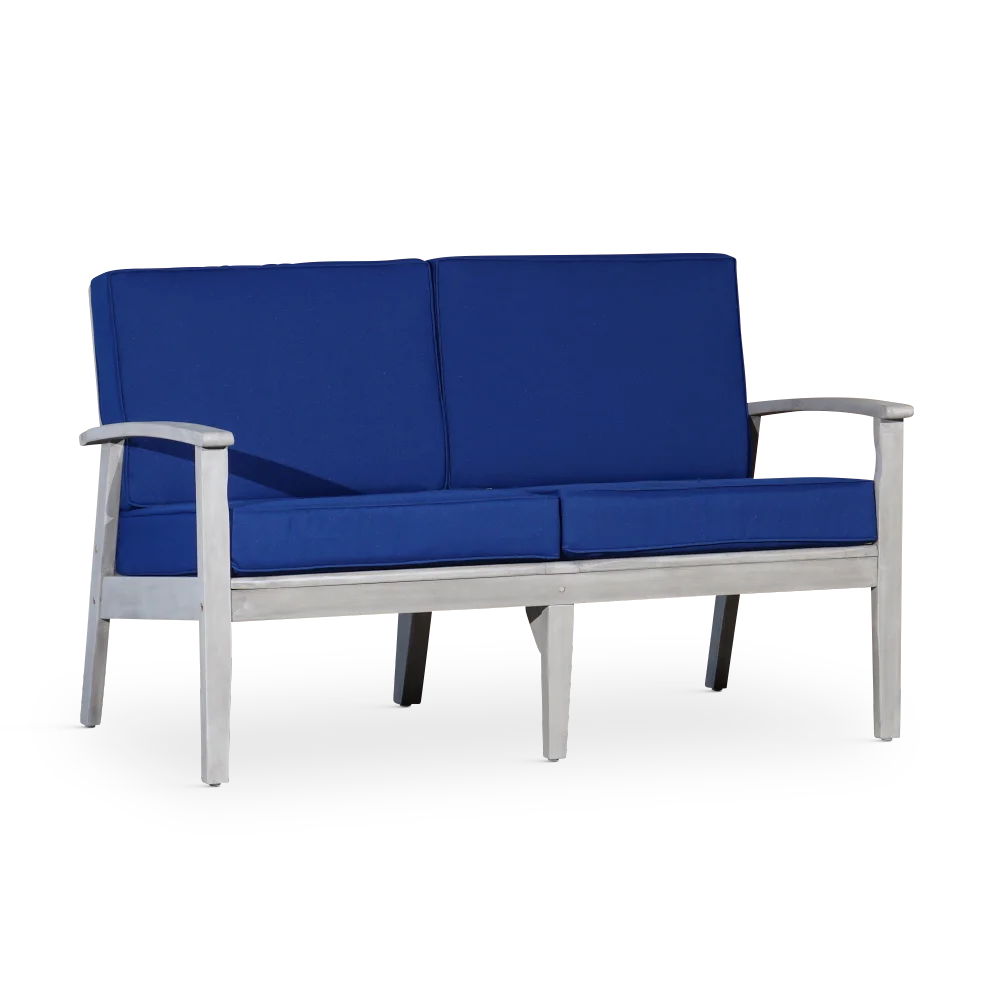 

Eucalyptus Loveseat with Cushions, Silver Gray Finish, Navy Cushions