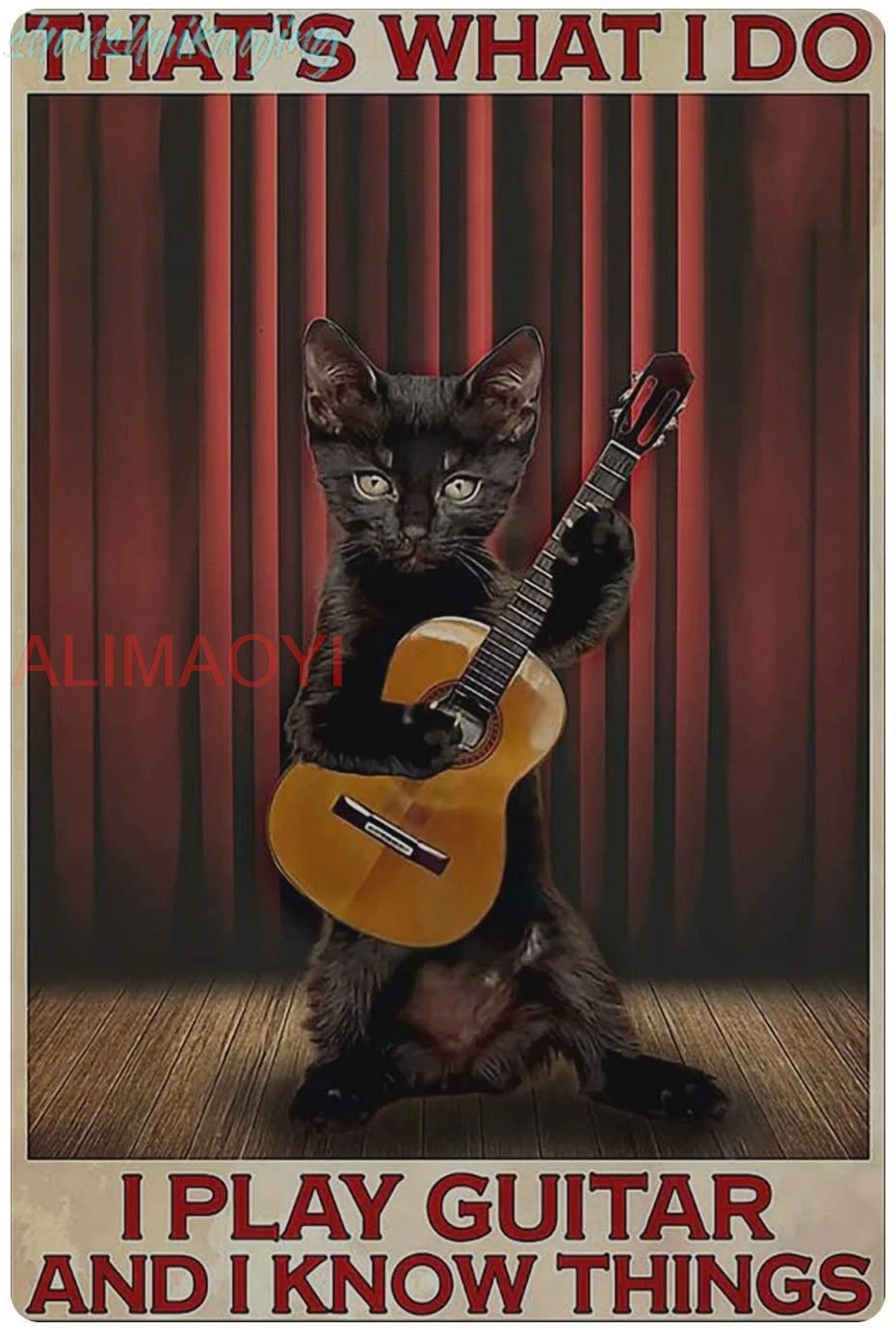 Retro Metal Tin Sign, Black Cat Playing Guitar Tin Painting, Cafe Opera House Art Wall Decoration Plaque 8 Inch X 12 Inch.
