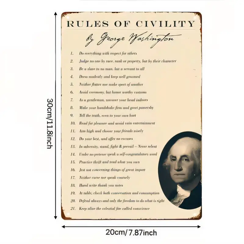 20×30cm Vintage George Washington Rules of Civility Metal Sign - Retro Iron Wall Art, Portrait Design, Perfect for Home/Office D