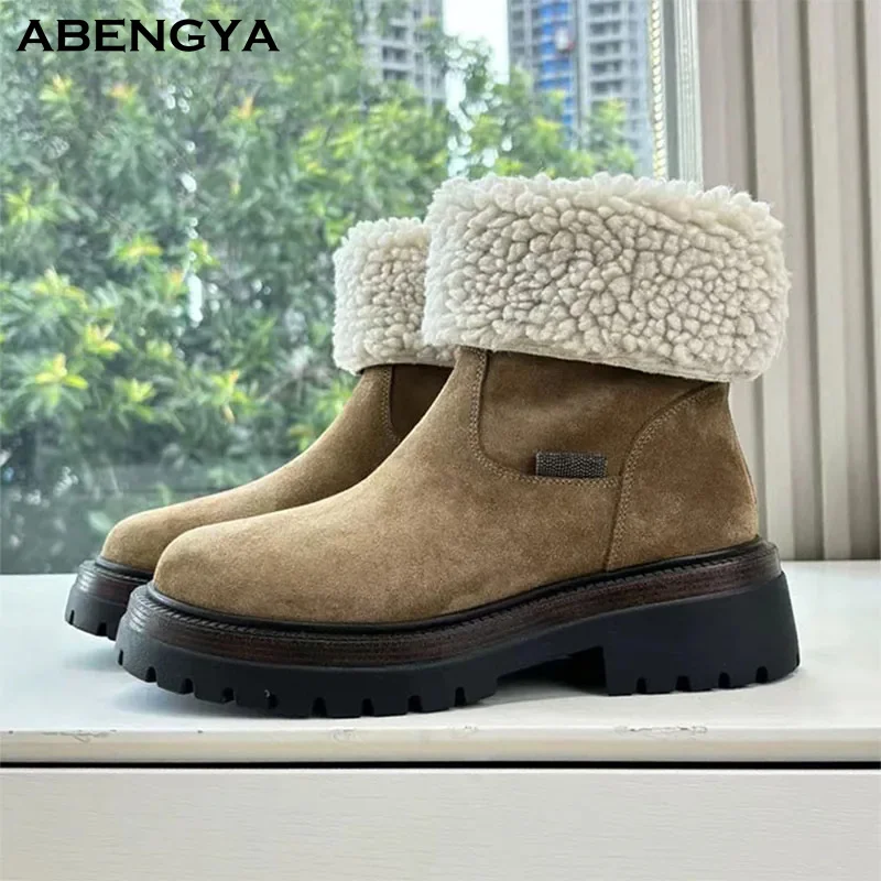 

Зимние замшевые сапоги цвета хаки для женщин, короткие сапоги до середины икры на толстой подошве из натуральной шерсти и меха, дизайнерская теплая обувь, зимние сапоги для женщин