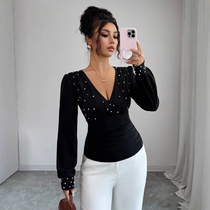 

2025Autumn and Winter NewVFashionable Handmade Pearl-embellished Solid Color Long Sleeve Slim FitTWomen's T-shirt