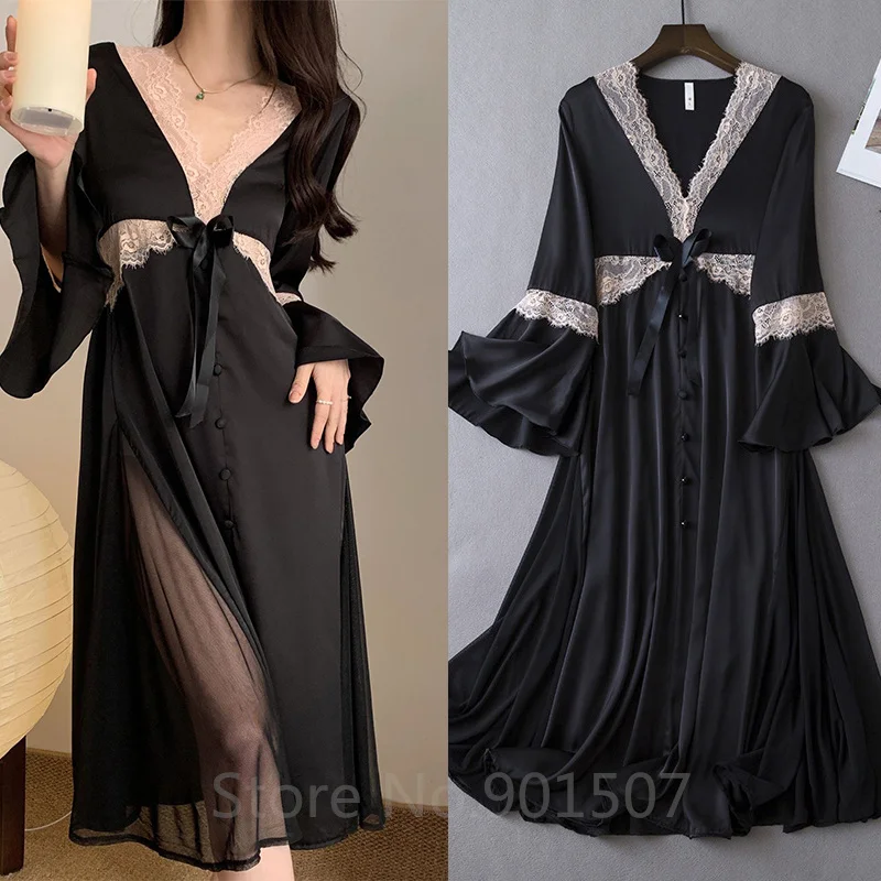 

Пикантная кружевная ночная сорочка с вырезами, женская ночная сорочка с расклешенным рукавом, ночная рубашка в дворцовом стиле, одежда для сна, халат, элегантное платье